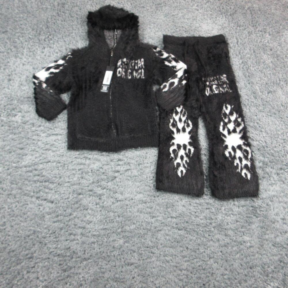 Rockstar Original Tracksuit Boys 8 Black Knitted Mohair Hooded 2 Piece NWT